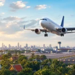 客機降落曼谷廊曼機場，背景為曼谷市景與泰式寺廟