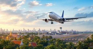 客機降落曼谷廊曼機場,背景為曼谷市景與泰式寺廟